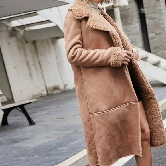 Lapel Collar Button Front Suede Coat - Picture 5 of 8